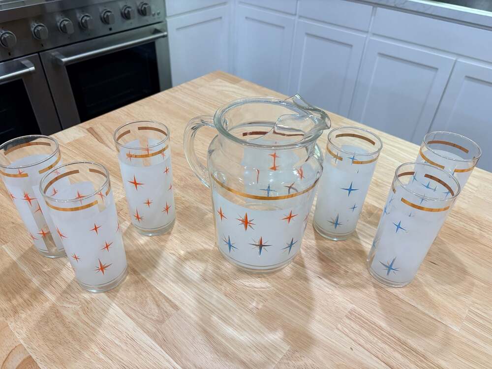 Vintage MCM Atomic Starburst Pitcher & 6 Collins Glasses Space Age Retro Barware